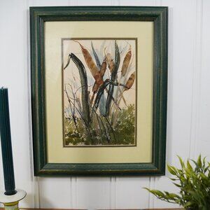 Vintage Framed Original Watercolor Painting of Cattails & Grasses Wetland Scene